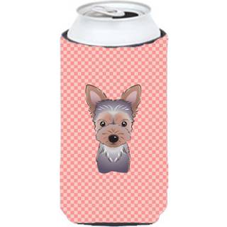 Checkerboard Pink Yorkie Puppy Tall Boy Beverage Isulator Hugger BB1232TBC