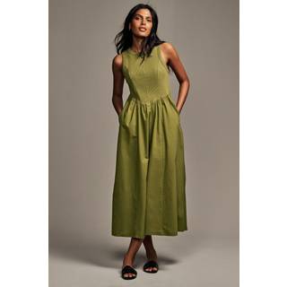 Next Khaki Green Woven Jersey Mix Sleeveless Racer Ribbed Midi Dress
