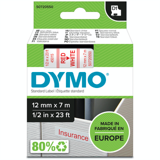 Dymo D1 labeltape 12mm, rød på hvid
