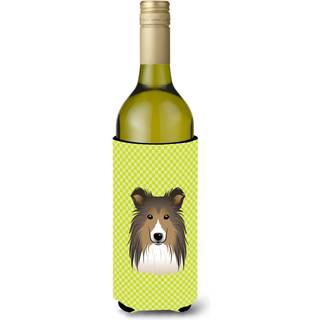 Checkerboard Lime Green Sheltie Wine Bottle Beverage Isulator Hugger BB1304Literk