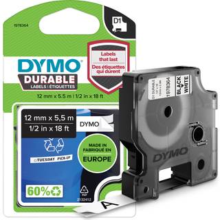 D1 Durable 12 mm x 5,5 M, sort på hvid, DYMO 1978364