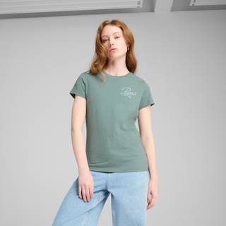 Women&#39;s Puma ESS SCRIPT T-Shirt, Green, Size M, Clothing - Green Moon - M