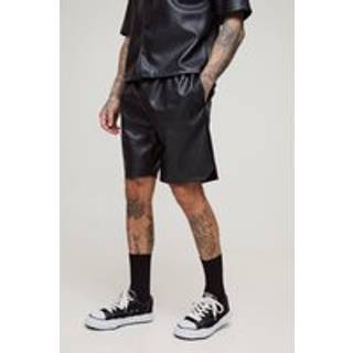 Mens Black Tall Pleated PU Basketball Shorts
