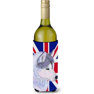 Siberian Husky med den engelske union Jack British Flag Wine Bottle Beverage Isulator Hugger SS4906Literk