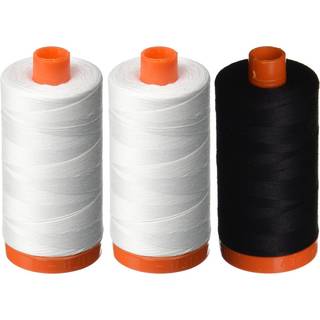 3 -Pack - Aurifil 50WT - 2 White + 1 Black Solid - Mako Cotton Thread - 1422yds hver