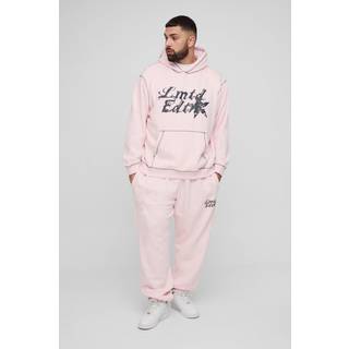 Mens Pink Plus Oversized Boxy Contrast Stitch Lmted Hooded Tracksuit