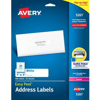Avery Easy Peel Printable Address -etiketter med sikker foder 1 """" X 4 """" Hvid 500 tomme postetiketter (05261)