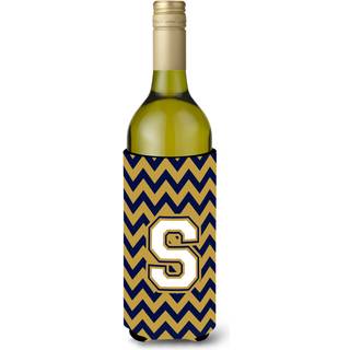 Brev S Chevron Navy Blue og Gold Wine Bottle Beverage Isulator Hugger CJ1057-Literk