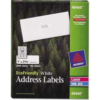 Avery 48460 Ecofriendly Laser/Inkjet Easy Peel Pailing Labels 1 X 2 5/8 White 3000/Pack