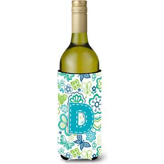 Brev D Blomster og sommerfugle Teal Blue Wine Bottle Beverage Isulator Hugger CJ2006-Dliterk