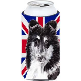 Sort og hvid collie med engelsk union Jack British Flag Tall Boy Beverage Isulator Hugger SC9885TBC