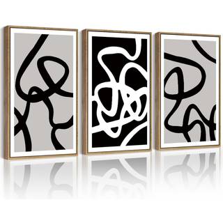 Phopago sort / hvide linjer Abstract Wall Art Ink Wash Minimalist Framed Canvas Maling Artwork 11x14in Natural indrammet