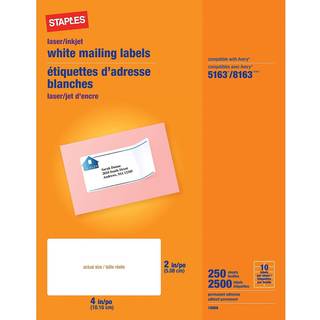 Staples 489565 laser/inkjet forsendelsesetiketter 2-tommer x 4-tommer hvide 10 m?rker/ark