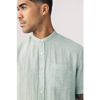Next Green Grandad Collar Cotton Linen Blend Short Sleeve Shirt