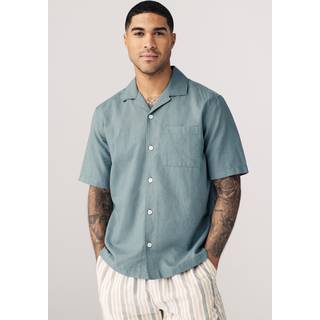 Next Blue Cuban Collar Cotton Linen Blend Short Sleeve Shirt