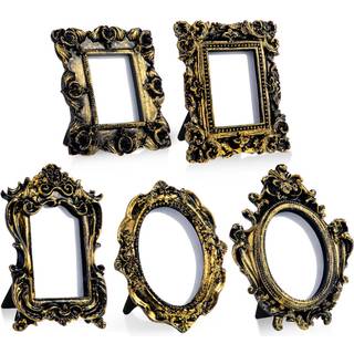 Maitys 5 pcs mini billede vintage rammer små antikke foto barok ornat harpik oval ramme bord top display hjemmet bryllupsindretning (sort guld)