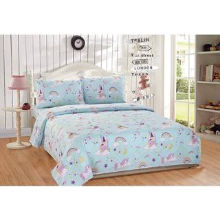 Elegante hjem flerfarvet Aqua Blue Purple Castle Princess Unicorn Rainbow 3 Sty Printed Sheet Set med Pillowcase Flat monteret ark til piger/børn