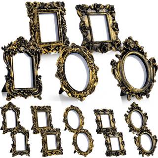 Maitys 15 pcs mini billede vintage rammer små antikke foto barok ornat harpik oval ramme bord top display hjemmet bryllupsindretning (sort guld)