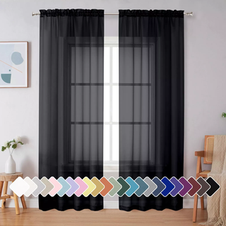 SimpleBrand Black Sheer Curtains 90 tommer lang lysfiltreringstang Lomme Fastfarve Vindue Vindue Sheer Curtain Panels Elegante gardiner og gardin