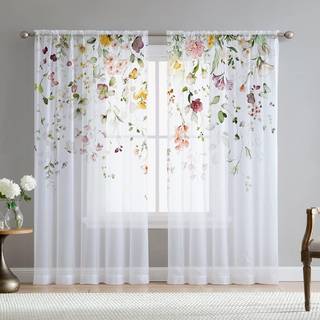 Fereyis blomsterrene gardiner til stue 84 tommer l?ngde 2 paneler s?t elegant sommerfuglfjederblomstertryksvindue gardin chiffon gardiner til sov