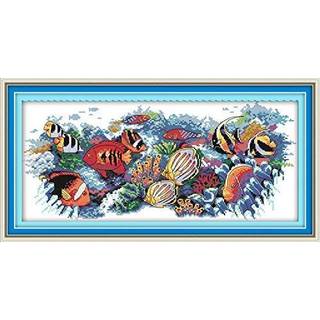 Happy Forever Cross Stitch Kits 11ct stemplede mønstre til børn og voksne DIY -fortrykket broderikit til nybegynderdyr (D043 Tropical Fish 2 Stør