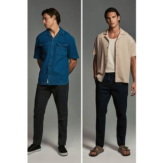 Next Navy Blue/Charcoal Grey Linen Cotton Elasticated Drawstring Trousers 2 Pack