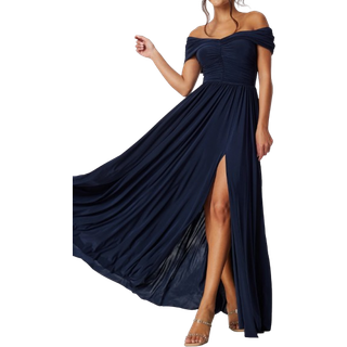 Goddiva Bardot Rouched Maxi Split Dress Navy M (UK12)