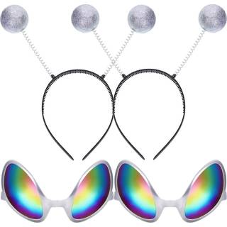 2 par fremmede briller sølvglas med regnbue farvebelønning og 2 stykker Martian Antenna pandebånd Boppers til voksne og børnefest favoriserer