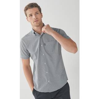 Next Navy Blue/White Gingham Check Easy Iron Button Down Short Sleeve Oxford Shirt