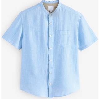 Next Blue Grandad Collar Cotton Linen Blend Short Sleeve Shirt