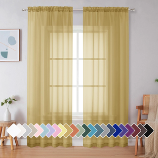 SimpleBrand Gold Sheer Curtains 84 tommer lange 2 paneler Lysfiltreringsstang Lomme Lomme Farve Vindue Vindue Sheer Gardinpaneler Elegante gardin