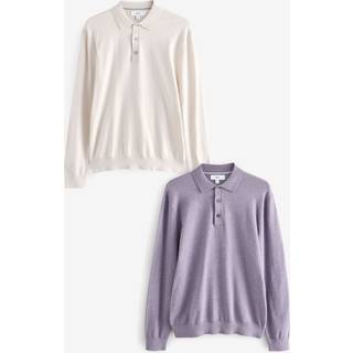 Next Neutral/Light Purple Regular Fit Knitted Long Sleeve Polo Shirts 2 Pack