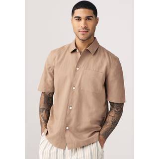 Next Neutral Stone Standard Collar Cotton Linen Blend Short Sleeve Shirt