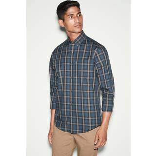 Next Navy Blue/Neutral Brown Check Regular Fit Easy Iron Button Down Oxford Shirt