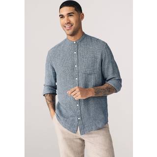 Next Navy Blue Grandad Collar Cotton Linen Blend Long Sleeve Shirt