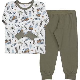Pyjamassæt i offwhite økologisk bomuld med motiv og olivengrønne detaljer