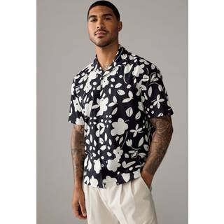 Next Monochrome Printed Floral Short Sleeve Shirt With Cuban Collar