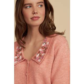 Next Pink Peach Floral Embroidered Short Sleeve Collared Cardigan