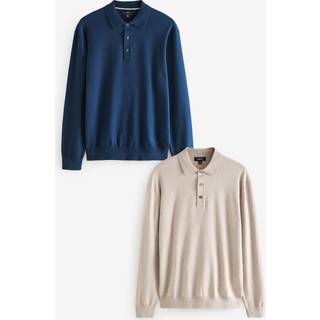 Next Navy Blue/Neutral Regular Fit Knitted Long Sleeve Polo Shirts 2 Pack