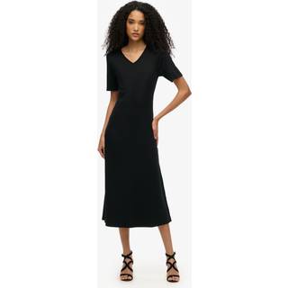 Superdry Superdry Black Short Sleeve V-Neck Midi Jersey 100% Cotton. Dress