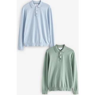 Next Light Blue/Sage Green Regular Fit Knitted Long Sleeve Polo Shirts 2 Pack