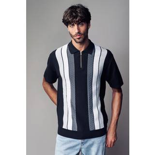 Next Black/White Regular Fit 100% Cotton Knit Vertical Stripe Quarter Zip Polo Shirt