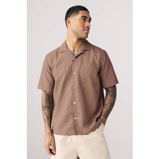 Next Neutral Stone Cuban Collar Cotton Linen Blend Short Sleeve Shirt