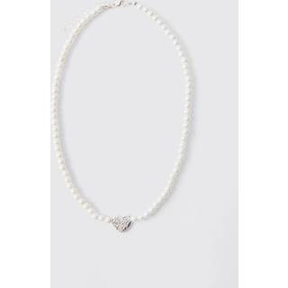 Mens Silver Pearl Necklace With Heart Pendant