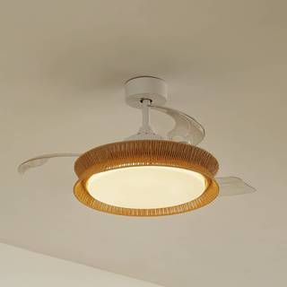 Lucande LED-ventilator Lineta, hvid, reb, Ø 103 cm, støjsvag Lineta Lucande, dæmpbar, Lyst træ, Stue/spisestue, Træ, Herregårds/rustik