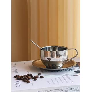 Kaffesæt med rund kop, underkop og ske i Rustfrit stål | 180 ml