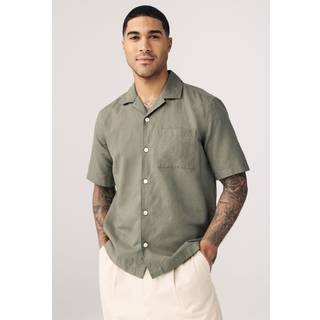 Next Dark Green Cuban Collar Cotton Linen Blend Short Sleeve Shirt