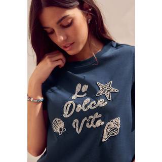 Next Navy 100% Cotton Beaded Graphic Embellished T-Shirt