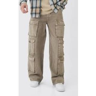 Mens Taupe Tall Baggy Fit Washed Multi Pocket Cargo Jeans