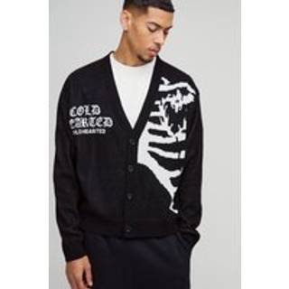 Mens Black Oversized Boxy Drop Shoulder Spliced Skeleton Printed Knitted Cardigan